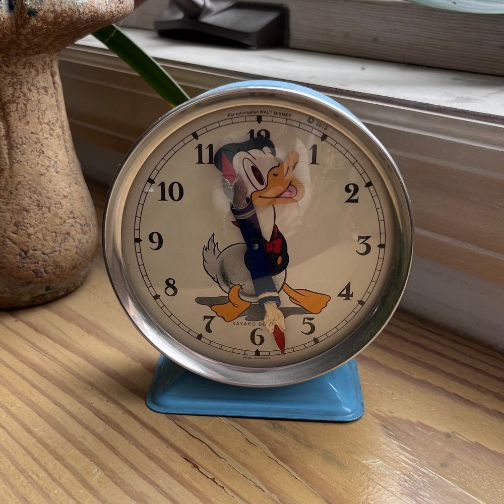 Vintage Walt Disney Bayard France Mechanical Alarm Clock Donald Duck Blue